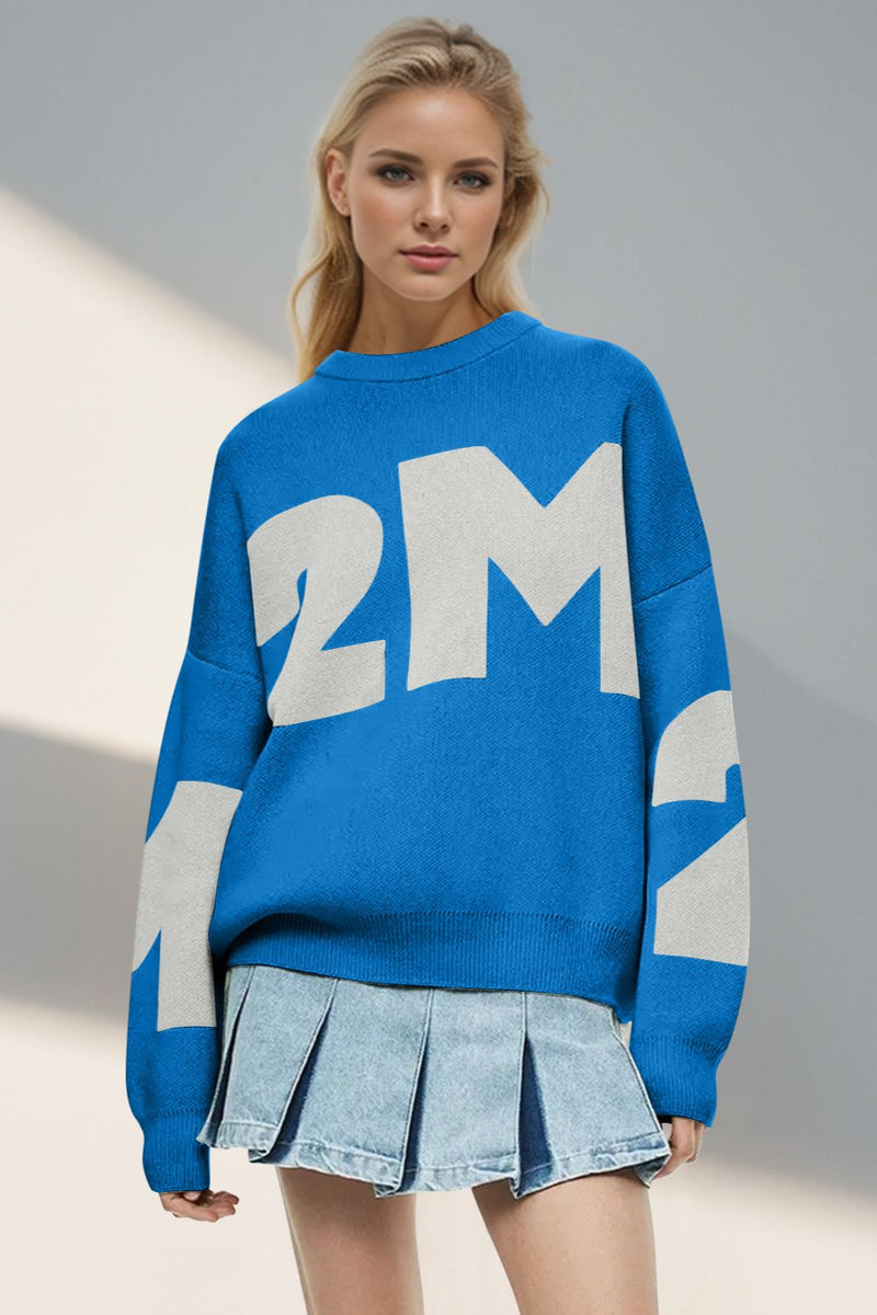 Basic Bae Contrast Letter Round Neck Long Sleeve Sweater