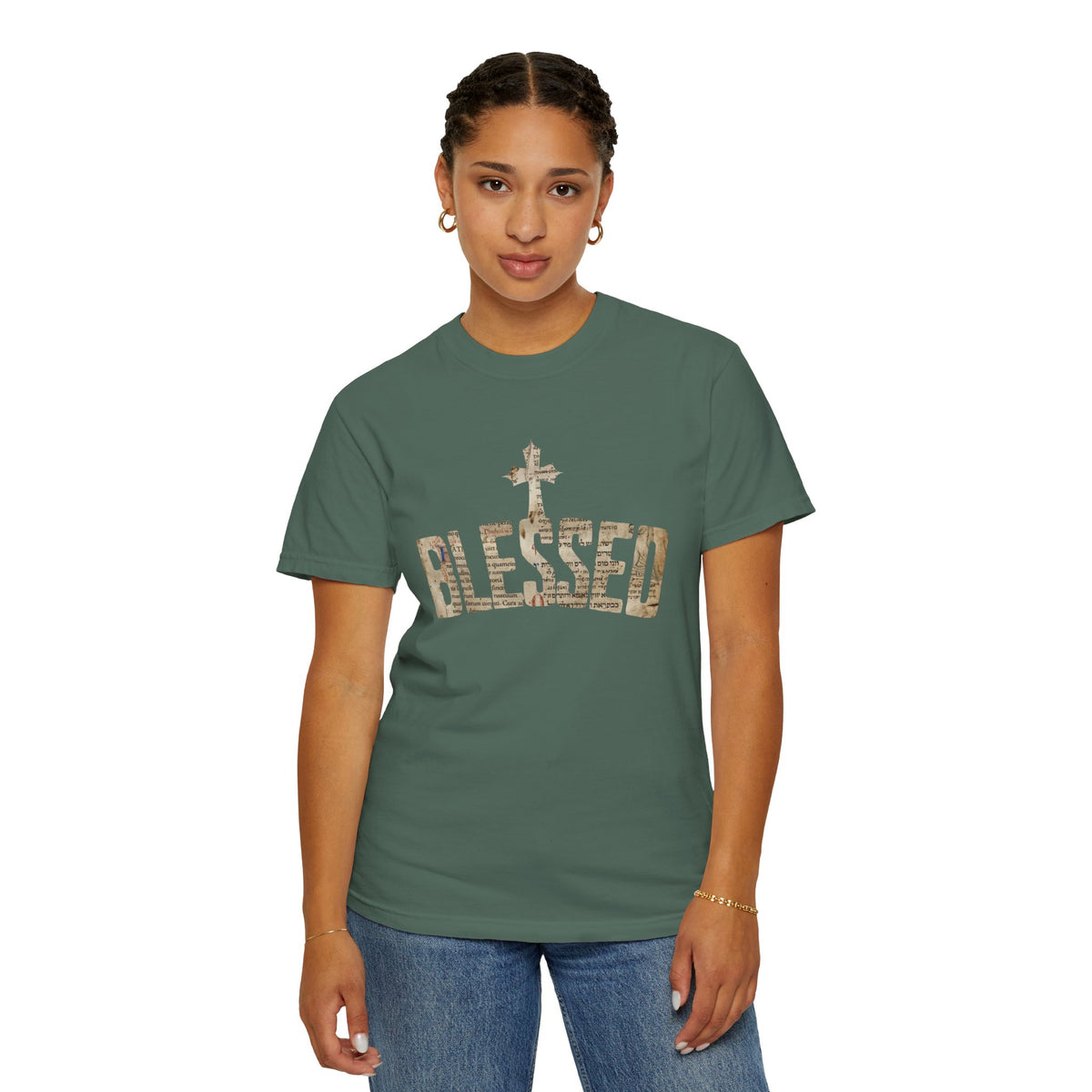 Blessed Cross T-Shirt — Christian Graphic Tee (Vintage Camouflage Lettering)