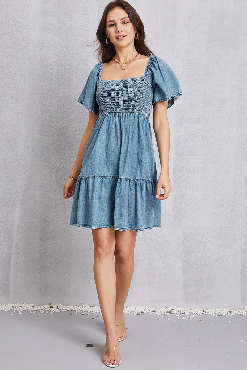 Smocked Square Neck Mini Denim Dress