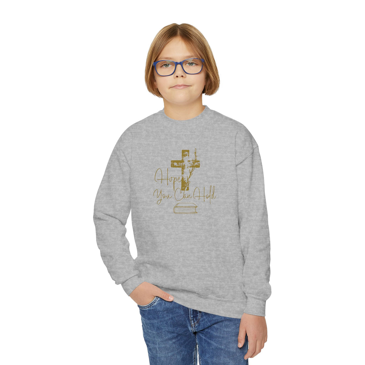 Youth Crewneck Sweatshirt - Gold Glitter Cross “Hope You Can Hold” Christian Tee