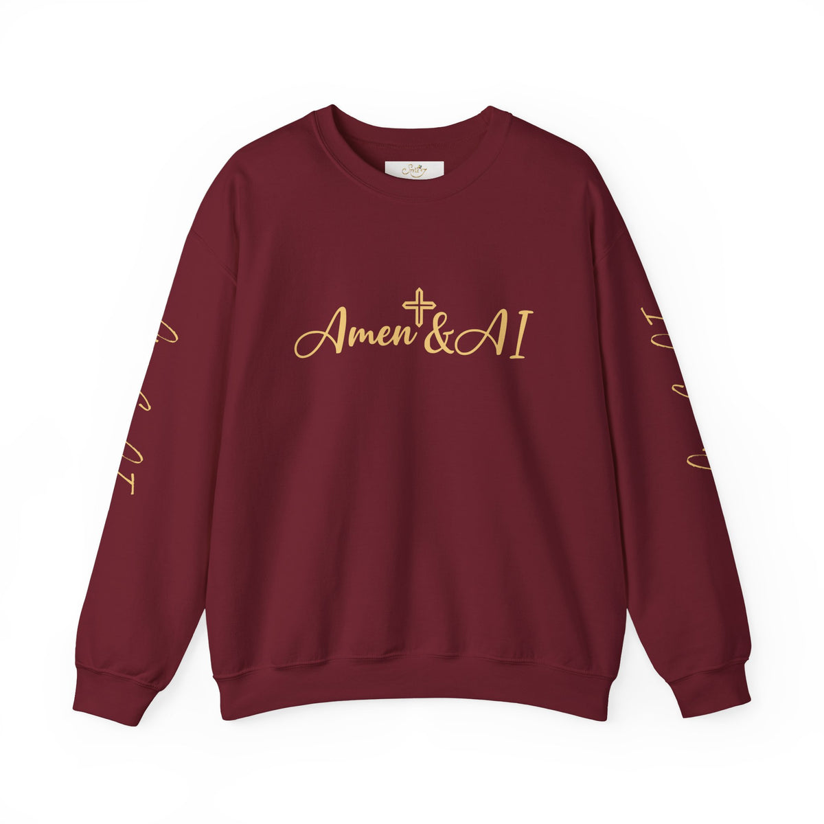 Christian AI Crewneck Sweatshirt - "Amen & AI" Gold Script, "Powered by Prayer, Driven by Data"