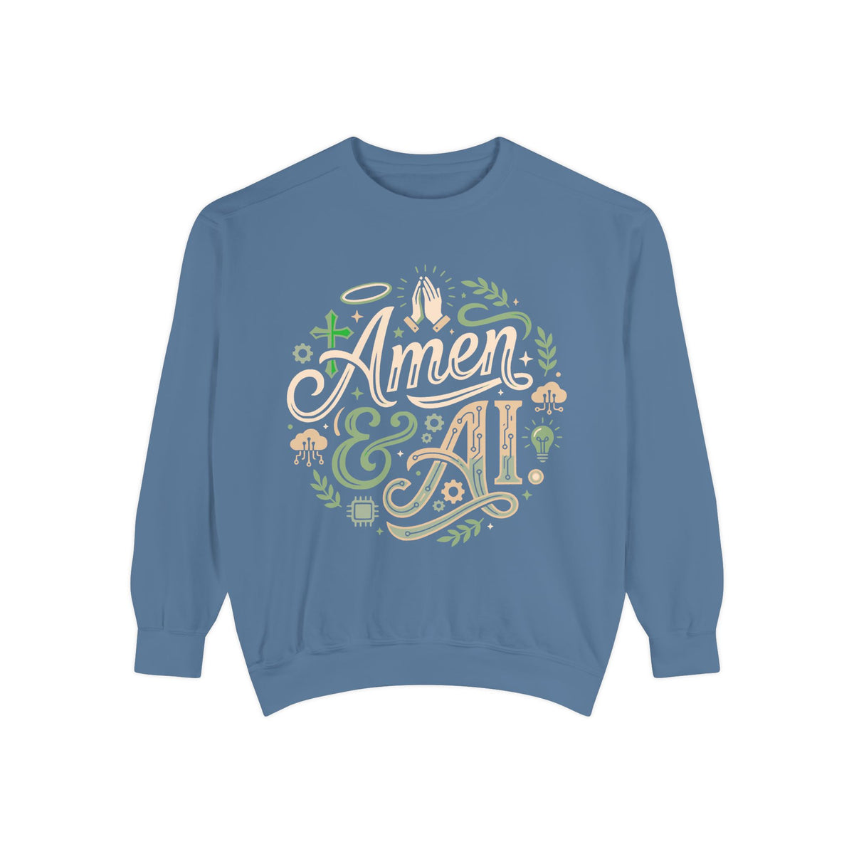 Amen & AI Sweatshirt — Faith-Inspired Crewneck with ‘Divine Data, Holy Purpose" Back Design