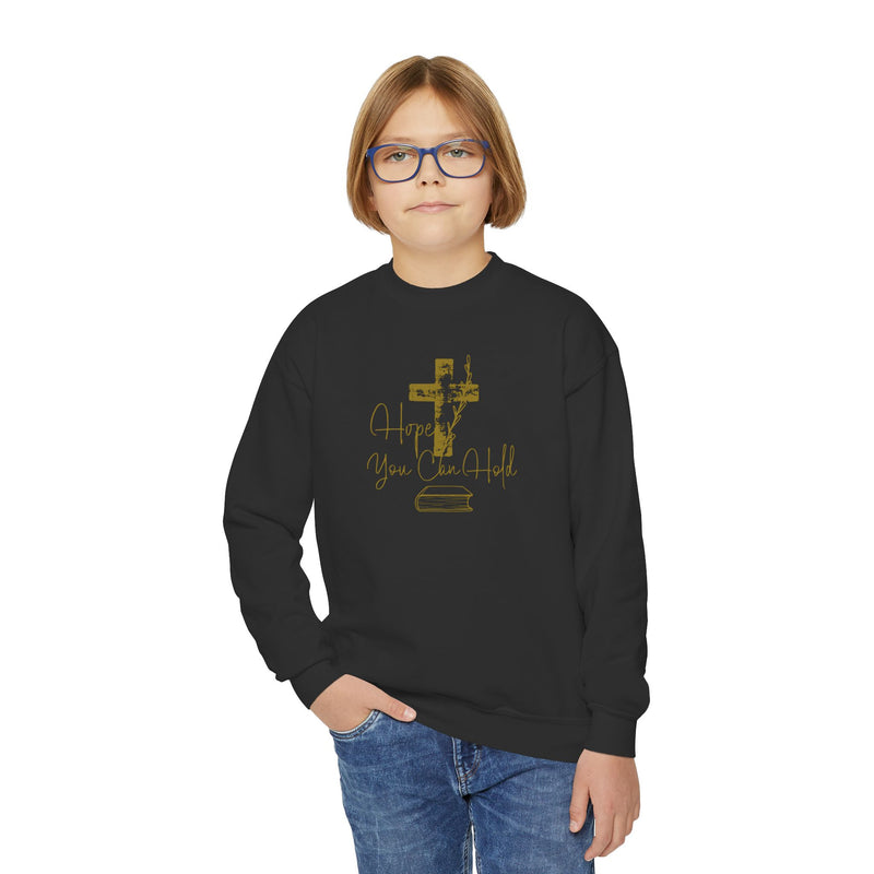Youth Crewneck Sweatshirt - Gold Glitter Cross “Hope You Can Hold” Christian Tee