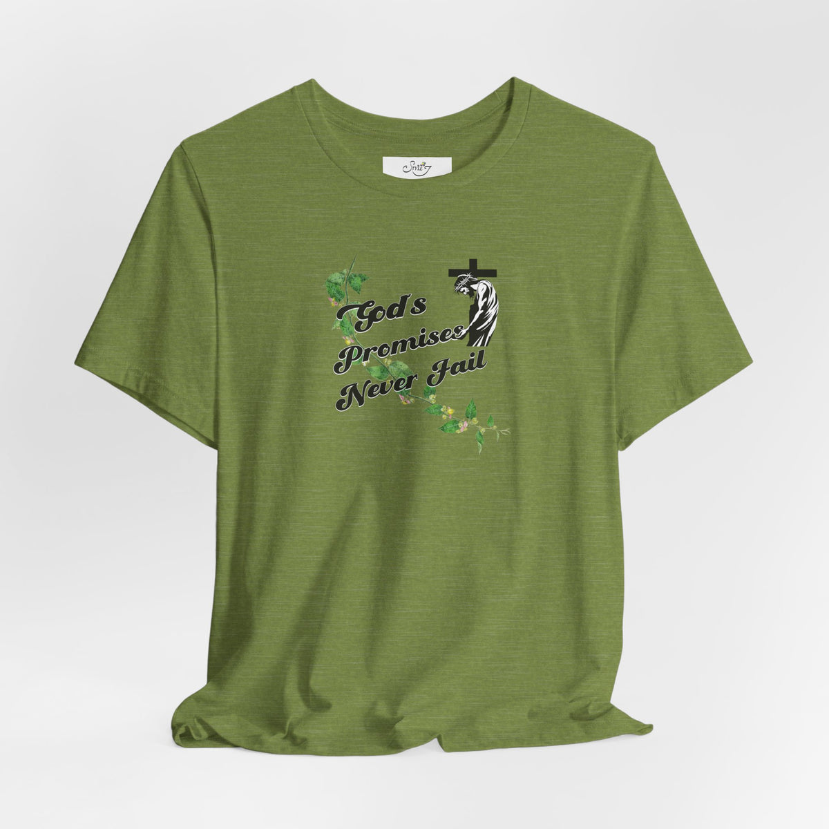 Faith T-Shirt — "God's Promises Never Fail" Christian Tee with Cross & Olive Branch Design