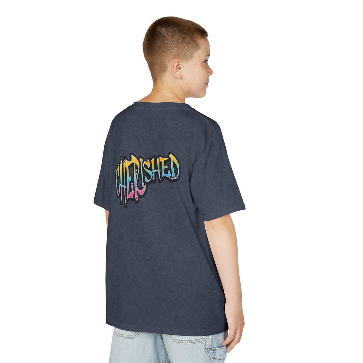 Kids 'Child of Light' Graphic Tee — Colorful Hand-Lettered 'Cherished' Back Design