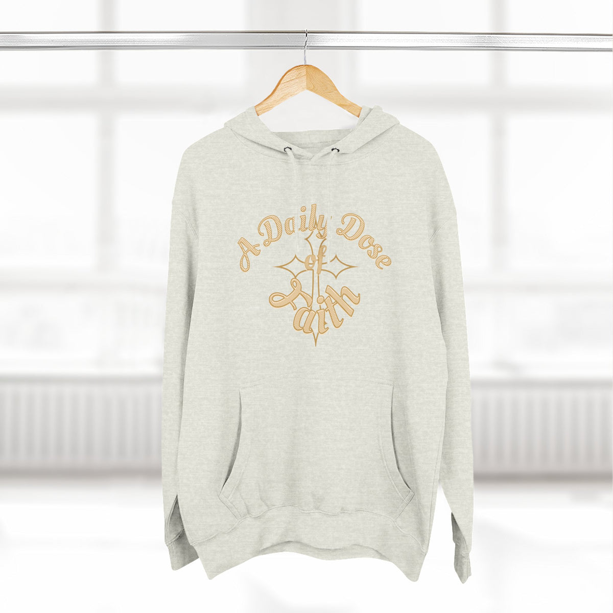 Faith Script Fleece Hoodie — "A Daily Dose of Faith" Gold Script, Back "He Is Always Faithful"