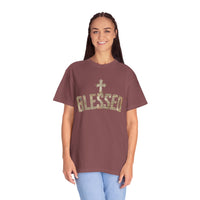 Blessed Cross T-Shirt — Christian Graphic Tee (Vintage Camouflage Lettering)