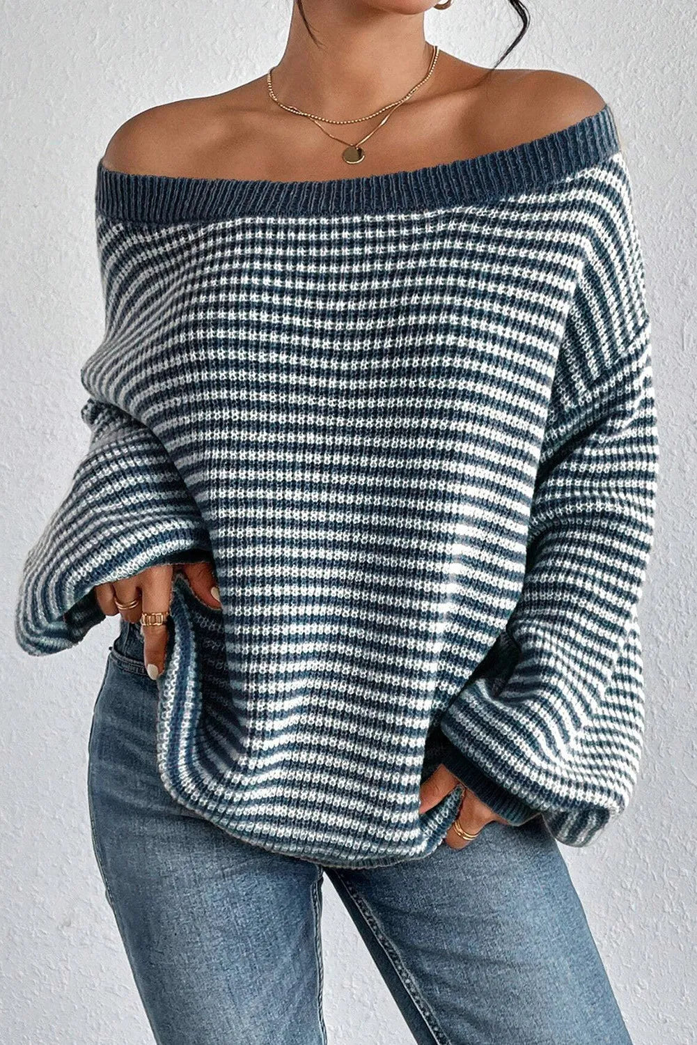 Striped Round Neck Dropped Shoulder Sweater