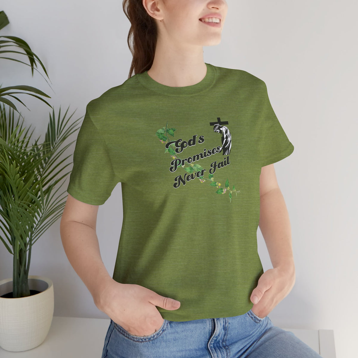 Faith T-Shirt — "God's Promises Never Fail" Christian Tee with Cross & Olive Branch Design