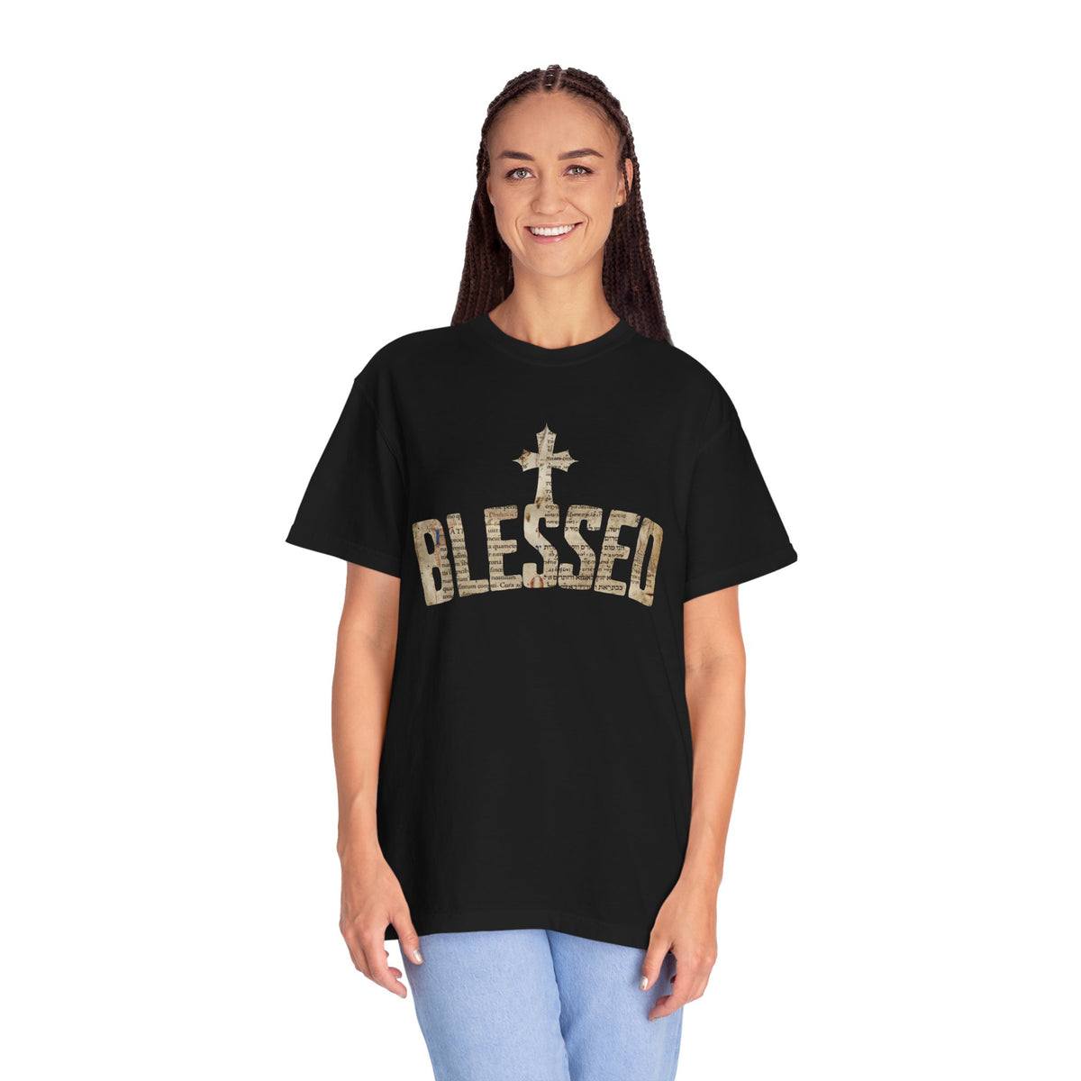 Blessed Cross T-Shirt — Christian Graphic Tee (Vintage Camouflage Lettering)