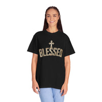 Blessed Cross T-Shirt — Christian Graphic Tee (Vintage Camouflage Lettering)