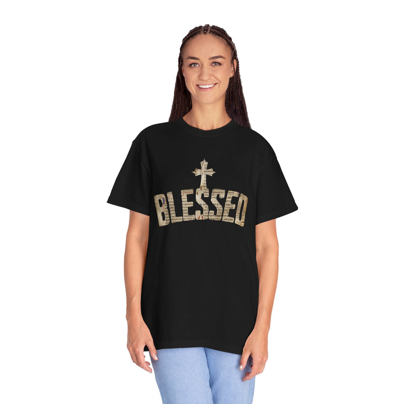 Blessed Cross T-Shirt — Christian Graphic Tee (Vintage Camouflage Lettering)