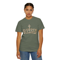 Blessed Cross T-Shirt — Christian Graphic Tee (Vintage Camouflage Lettering)