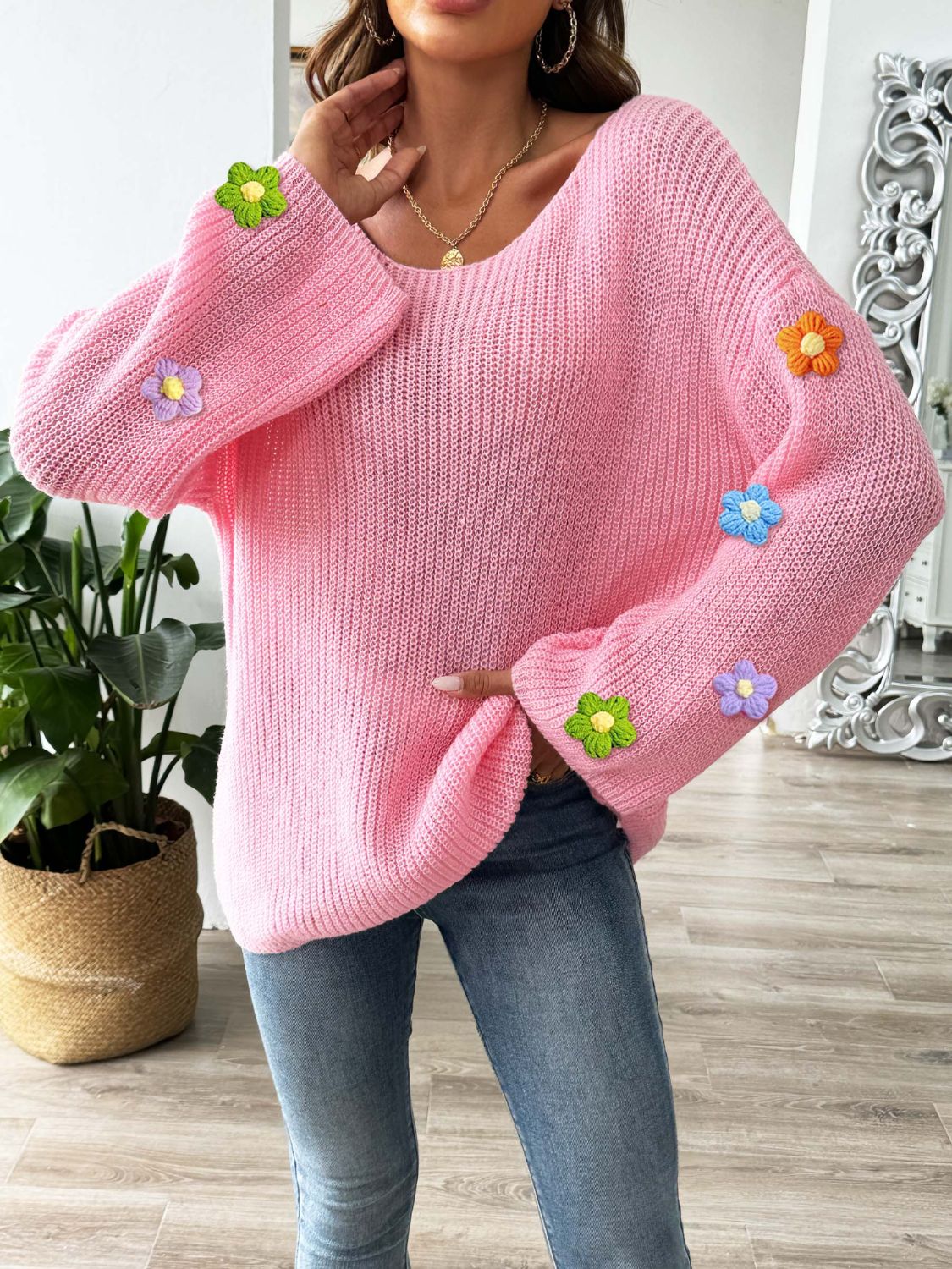 Flower Round Neck Long Sleeve Sweater