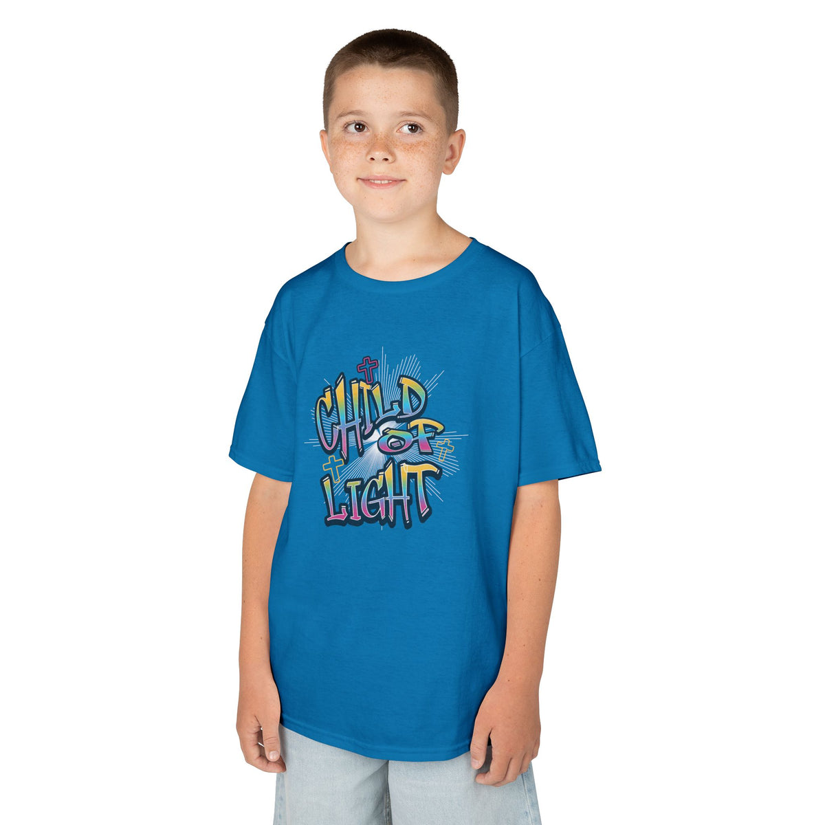 Kids 'Child of Light' Graphic Tee — Colorful Hand-Lettered 'Cherished' Back Design