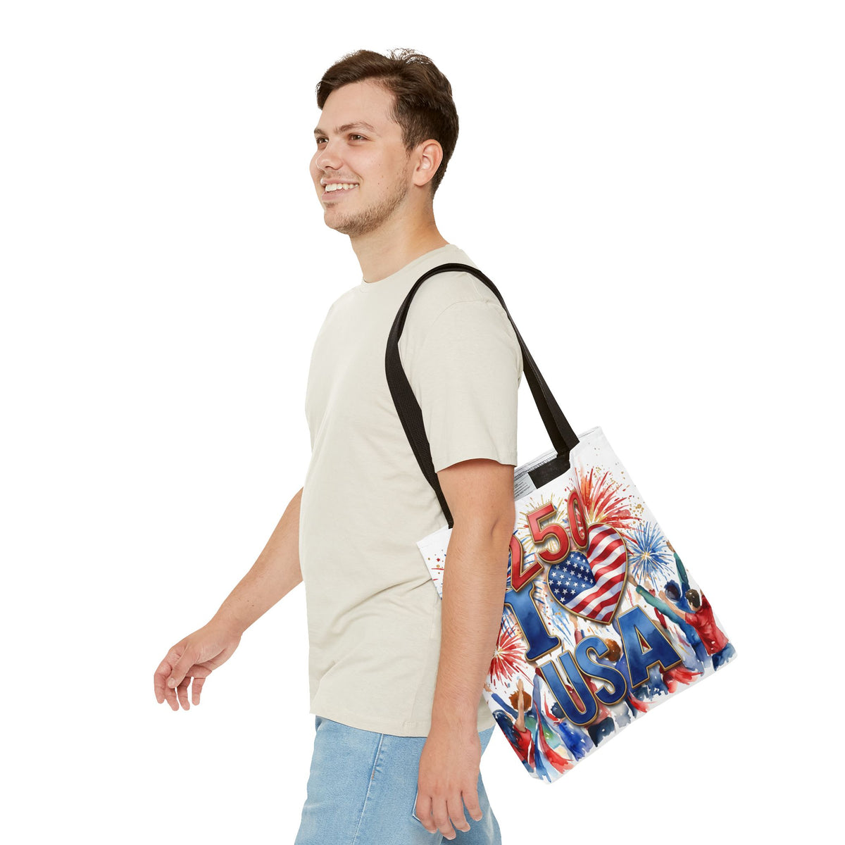 USA 250 Celebration Tote Bag — I Love USA Fireworks Patriotic Shopper