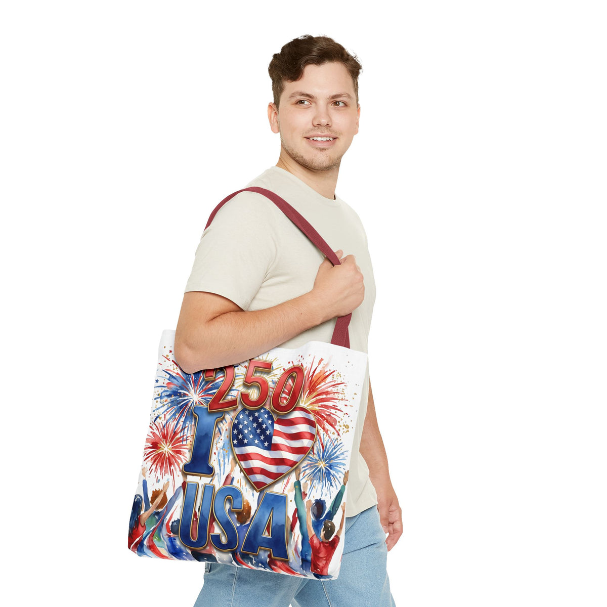 USA 250 Celebration Tote Bag — I Love USA Fireworks Patriotic Shopper