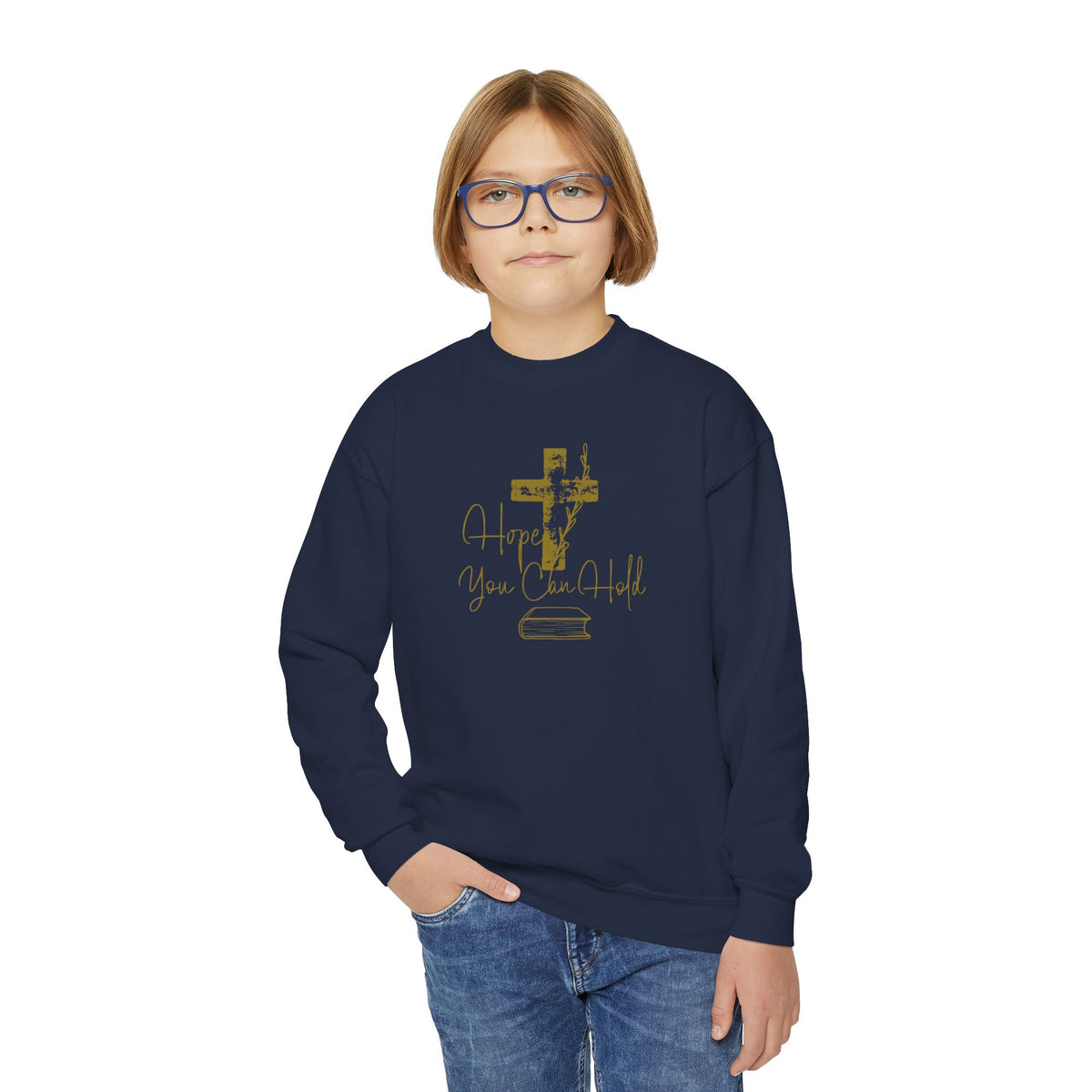 Youth Crewneck Sweatshirt - Gold Glitter Cross “Hope You Can Hold” Christian Tee