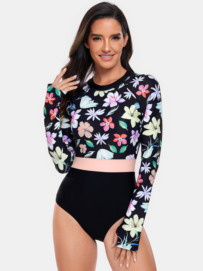 Flower Round Neck Long Sleeve One-Piece Swimwear