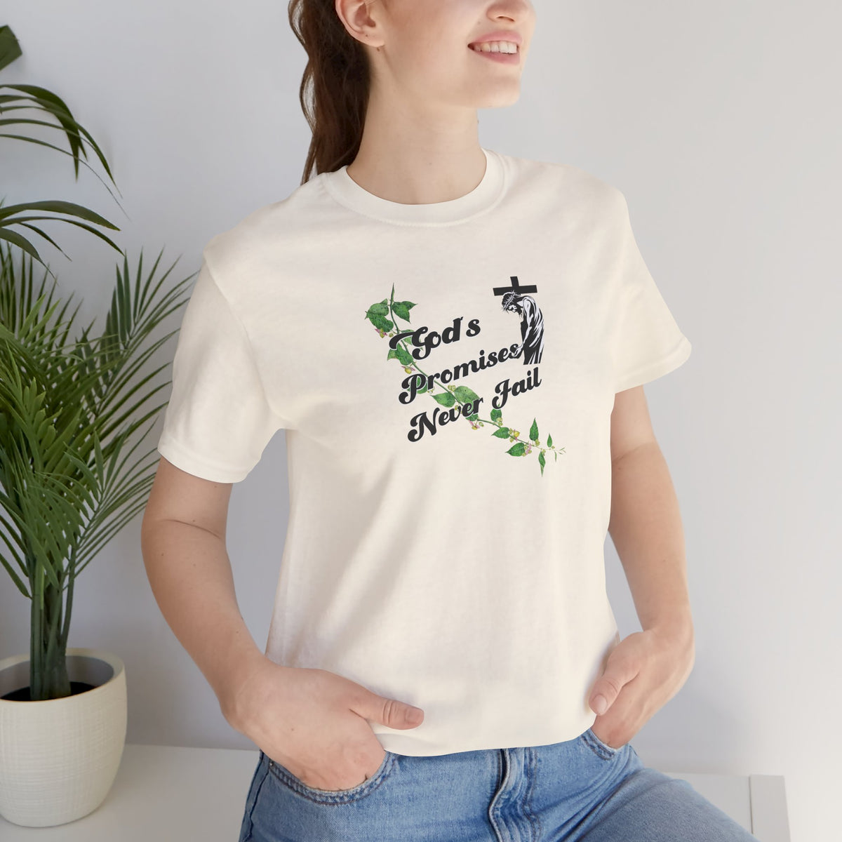Faith T-Shirt — "God's Promises Never Fail" Christian Tee with Cross & Olive Branch Design