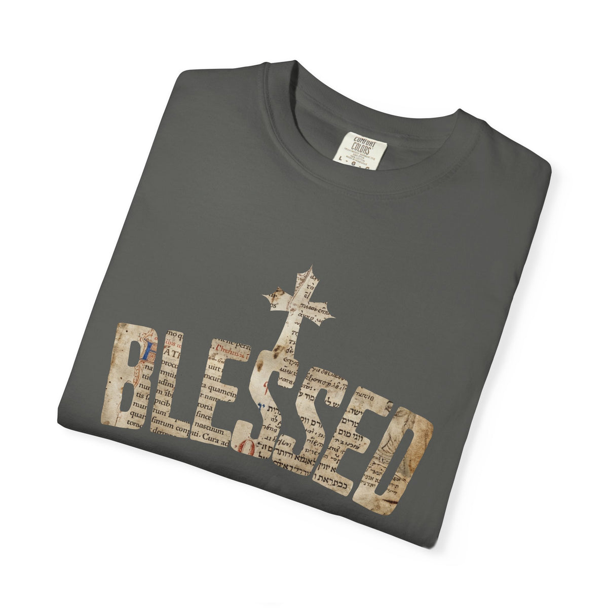 Blessed Cross T-Shirt — Christian Graphic Tee (Vintage Camouflage Lettering)