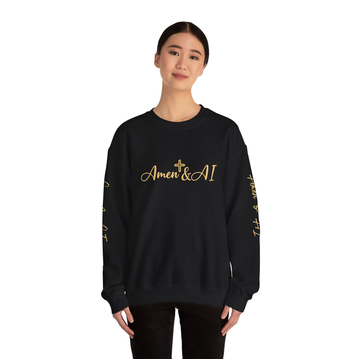 Christian AI Crewneck Sweatshirt - "Amen & AI" Gold Script, "Powered by Prayer, Driven by Data"