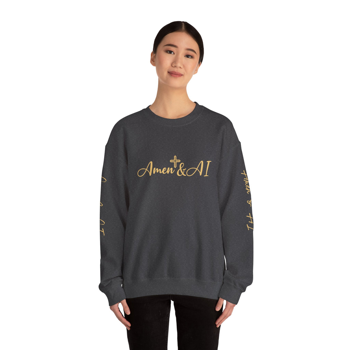 Christian AI Crewneck Sweatshirt - "Amen & AI" Gold Script, "Powered by Prayer, Driven by Data"