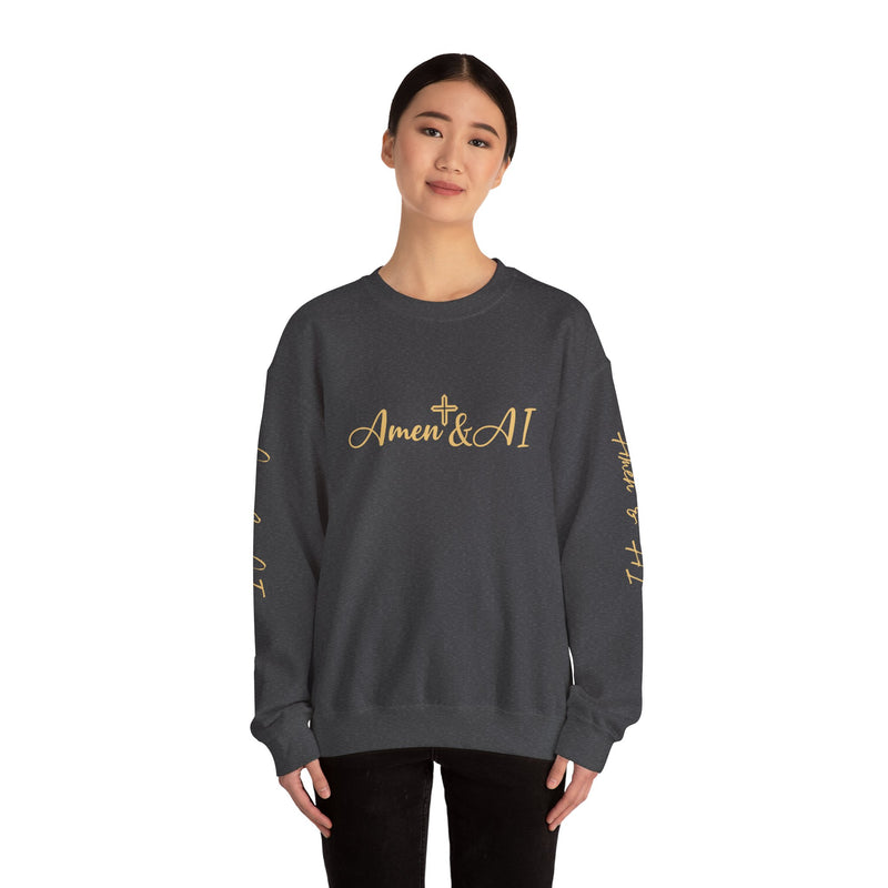 Christian AI Crewneck Sweatshirt - "Amen & AI" Gold Script, "Powered by Prayer, Driven by Data"