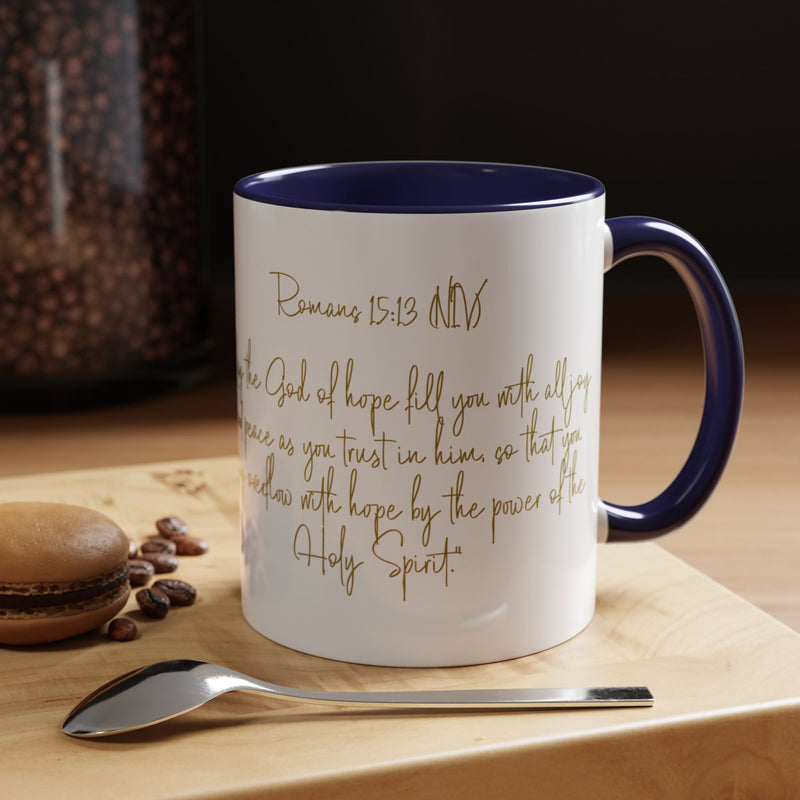 Christian Scripture Coffee Mug – Romans 15:13 Gold Calligraphy Accent Mug (11/15oz)