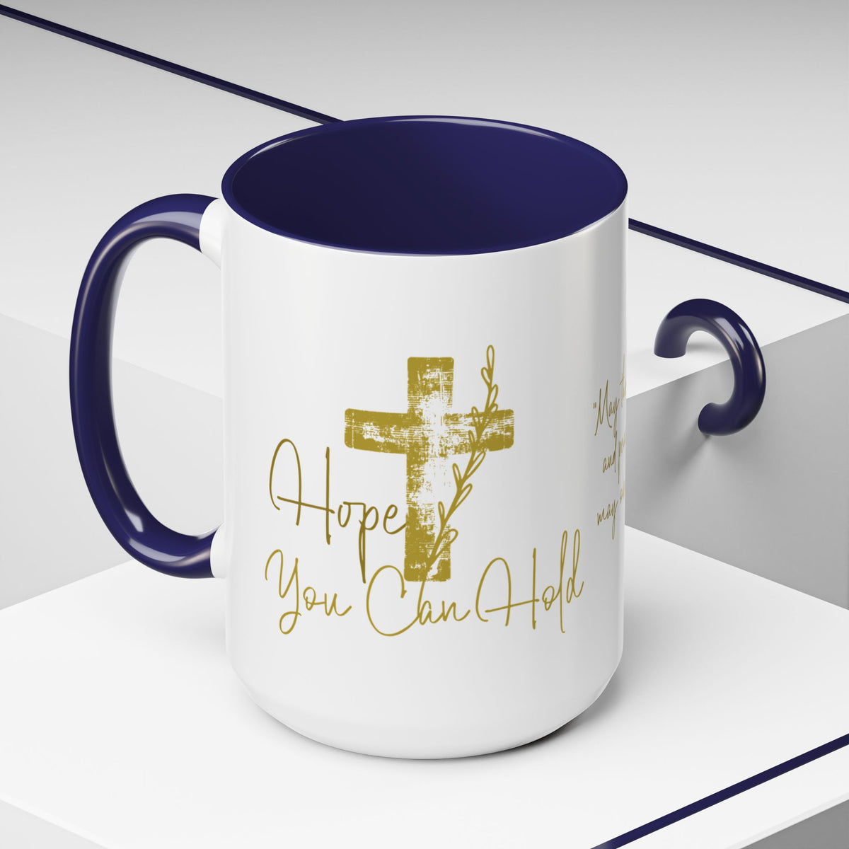 Christian Scripture Coffee Mug – Romans 15:13 Gold Calligraphy Accent Mug (11/15oz)