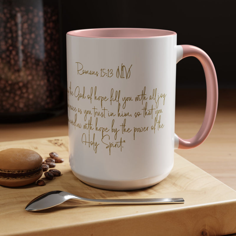 Christian Scripture Coffee Mug – Romans 15:13 Gold Calligraphy Accent Mug (11/15oz)