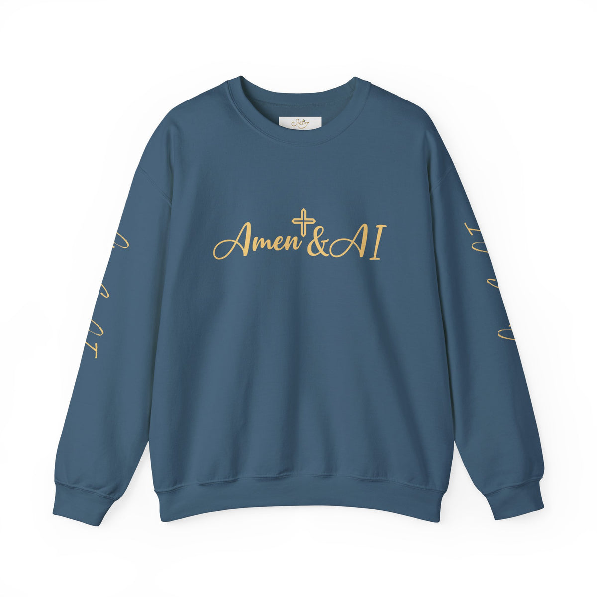Christian AI Crewneck Sweatshirt - "Amen & AI" Gold Script, "Powered by Prayer, Driven by Data"