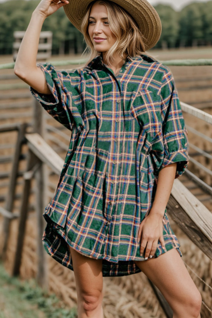 Plaid Button Up Collared Neck Shirt Dress