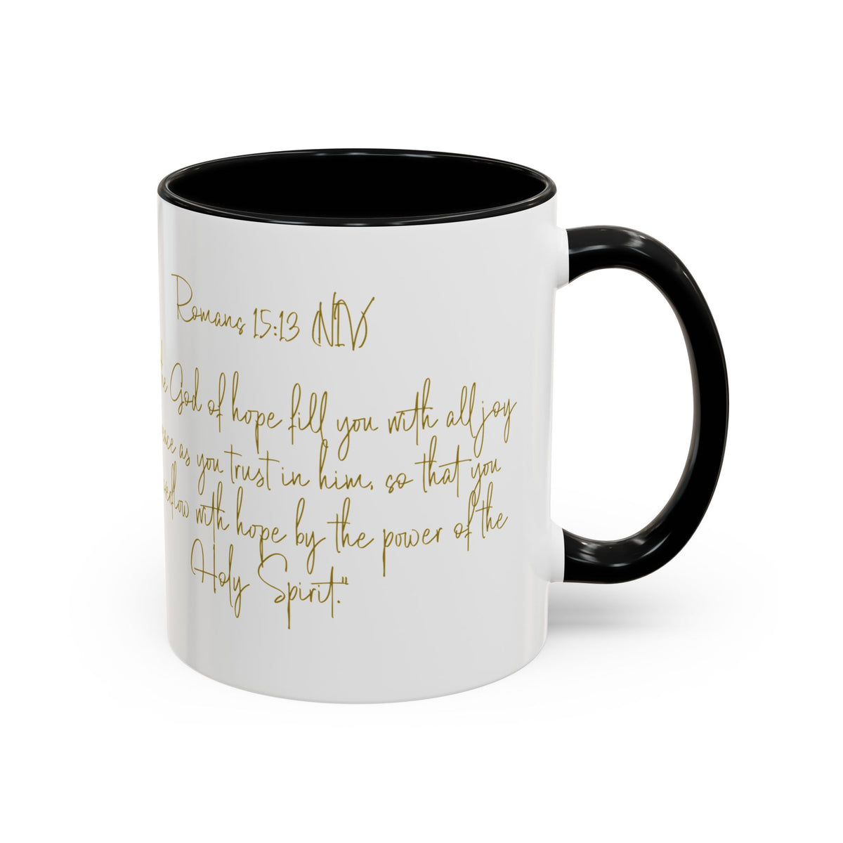 Christian Scripture Coffee Mug – Romans 15:13 Gold Calligraphy Accent Mug (11/15oz)