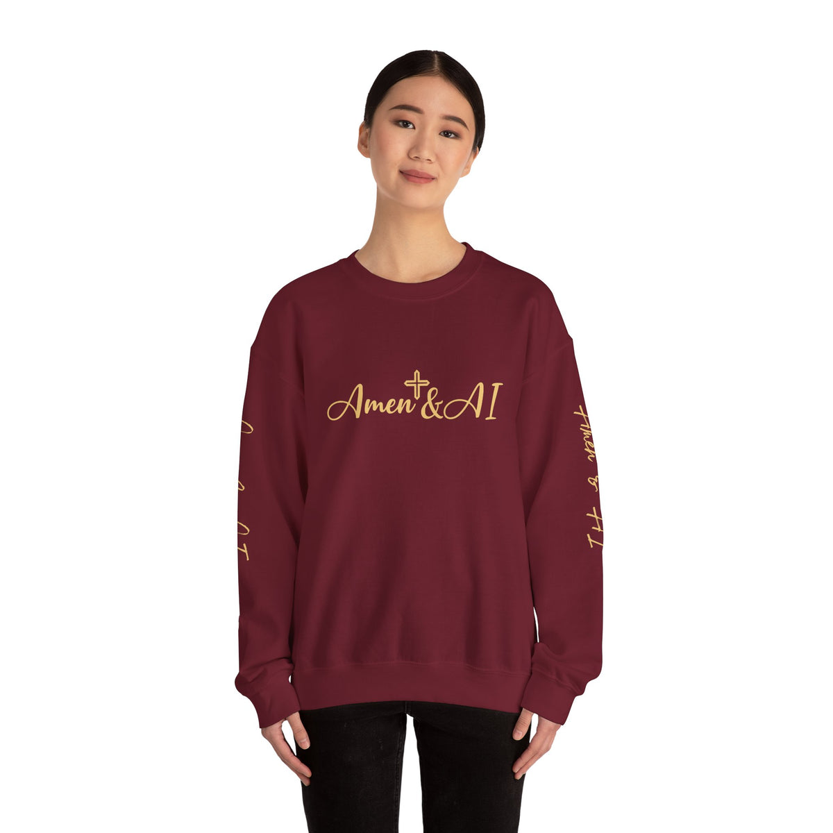 Christian AI Crewneck Sweatshirt - "Amen & AI" Gold Script, "Powered by Prayer, Driven by Data"