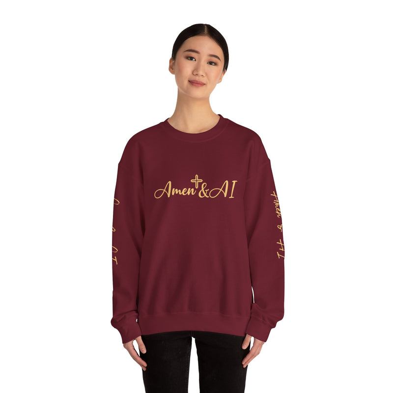 Christian AI Crewneck Sweatshirt - "Amen & AI" Gold Script, "Powered by Prayer, Driven by Data"
