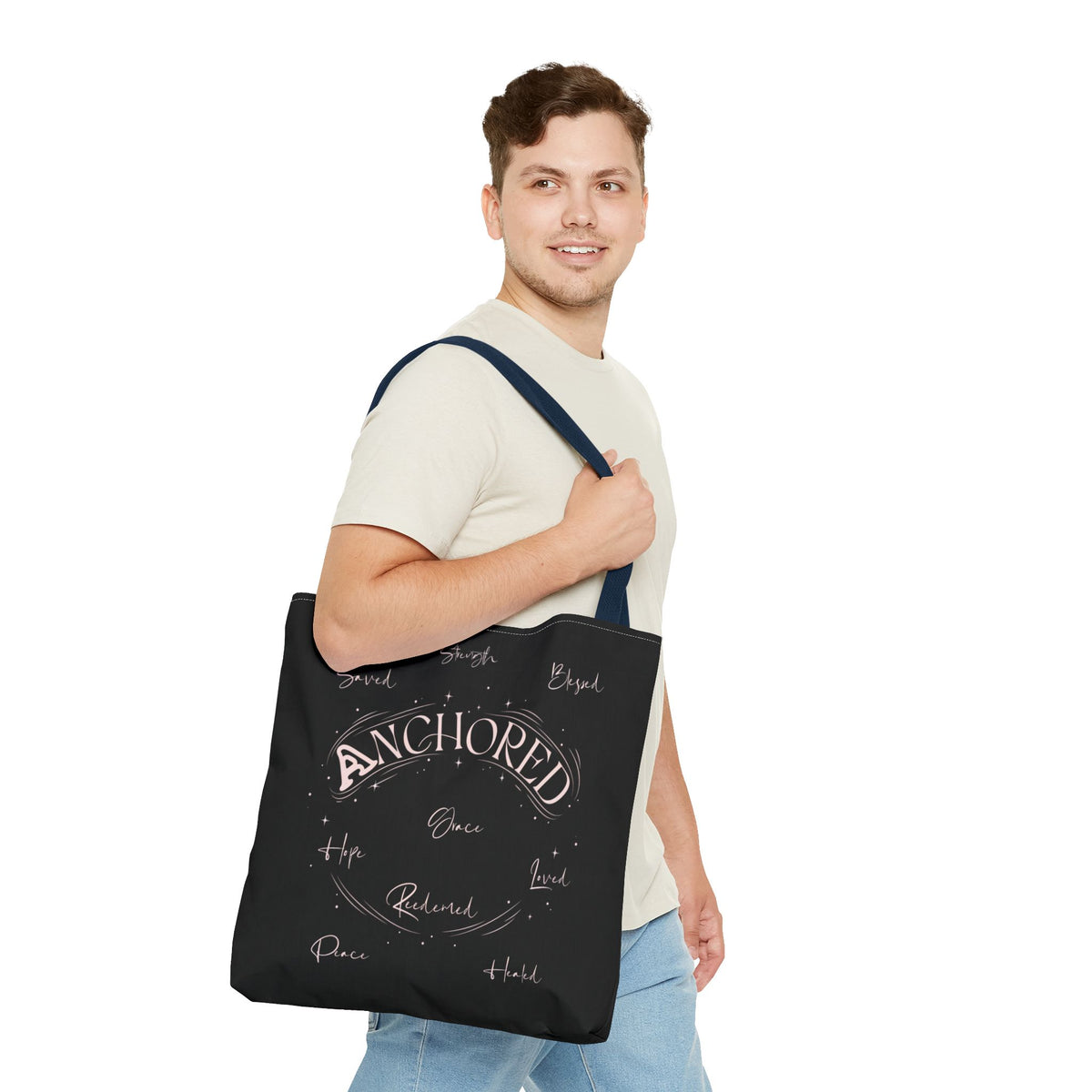 Anchored Inspirational Tote Bag — 'Anchored' Script Design