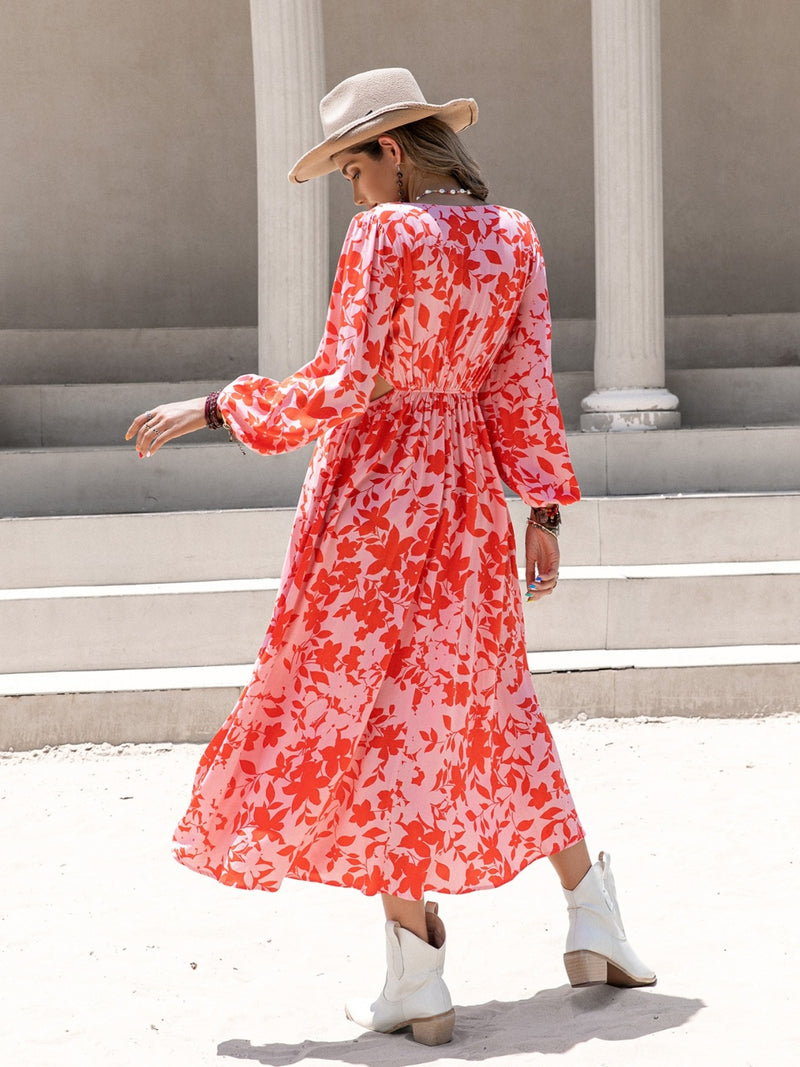 Tied Cutout Printed Long Sleeve Midi Dress