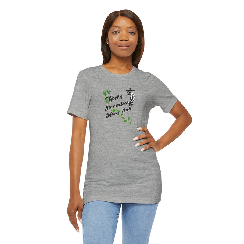 Faith T-Shirt — "God's Promises Never Fail" Christian Tee with Cross & Olive Branch Design
