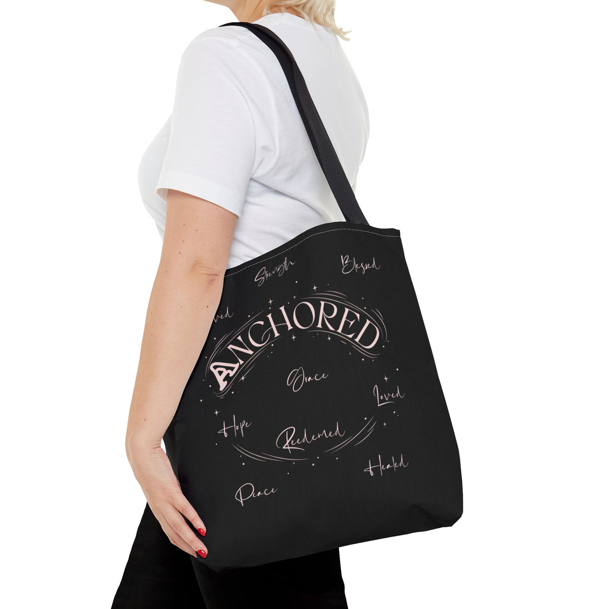Anchored Inspirational Tote Bag — 'Anchored' Script Design