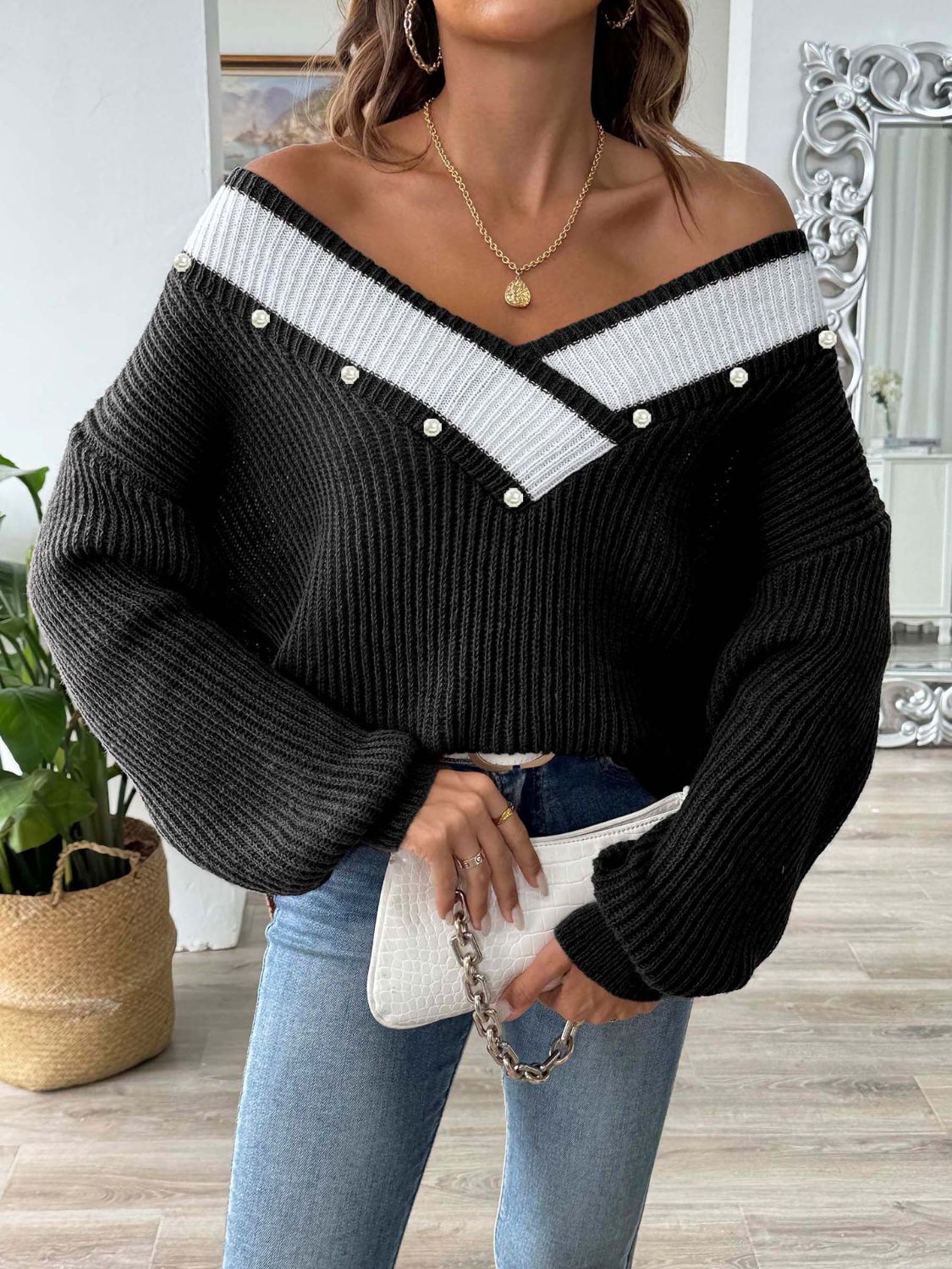 Contrast Trim Dropped Shoulder Long Sleeve Sweater