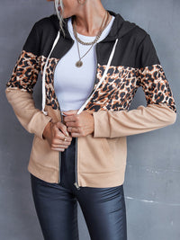 Drawstring Leopard Zip Up Hooded Jacket