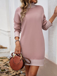 Striped Mock Neck Long Sleeve Sweater Dress