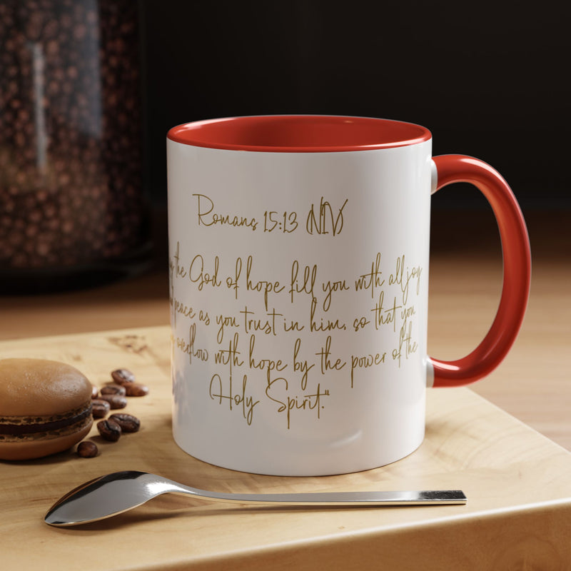 Christian Scripture Coffee Mug – Romans 15:13 Gold Calligraphy Accent Mug (11/15oz)