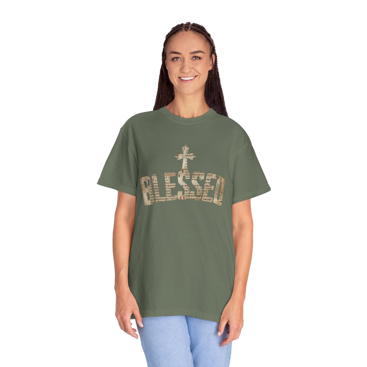 Blessed Cross T-Shirt — Christian Graphic Tee (Vintage Camouflage Lettering)
