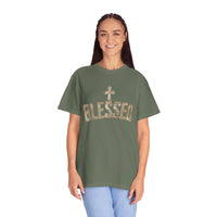 Blessed Cross T-Shirt — Christian Graphic Tee (Vintage Camouflage Lettering)