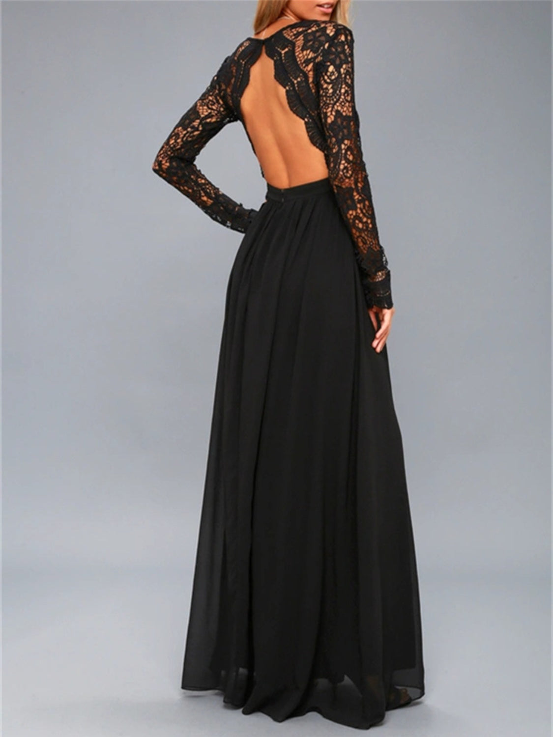 Lace Detail Backless Long Sleeve Maxi Dress