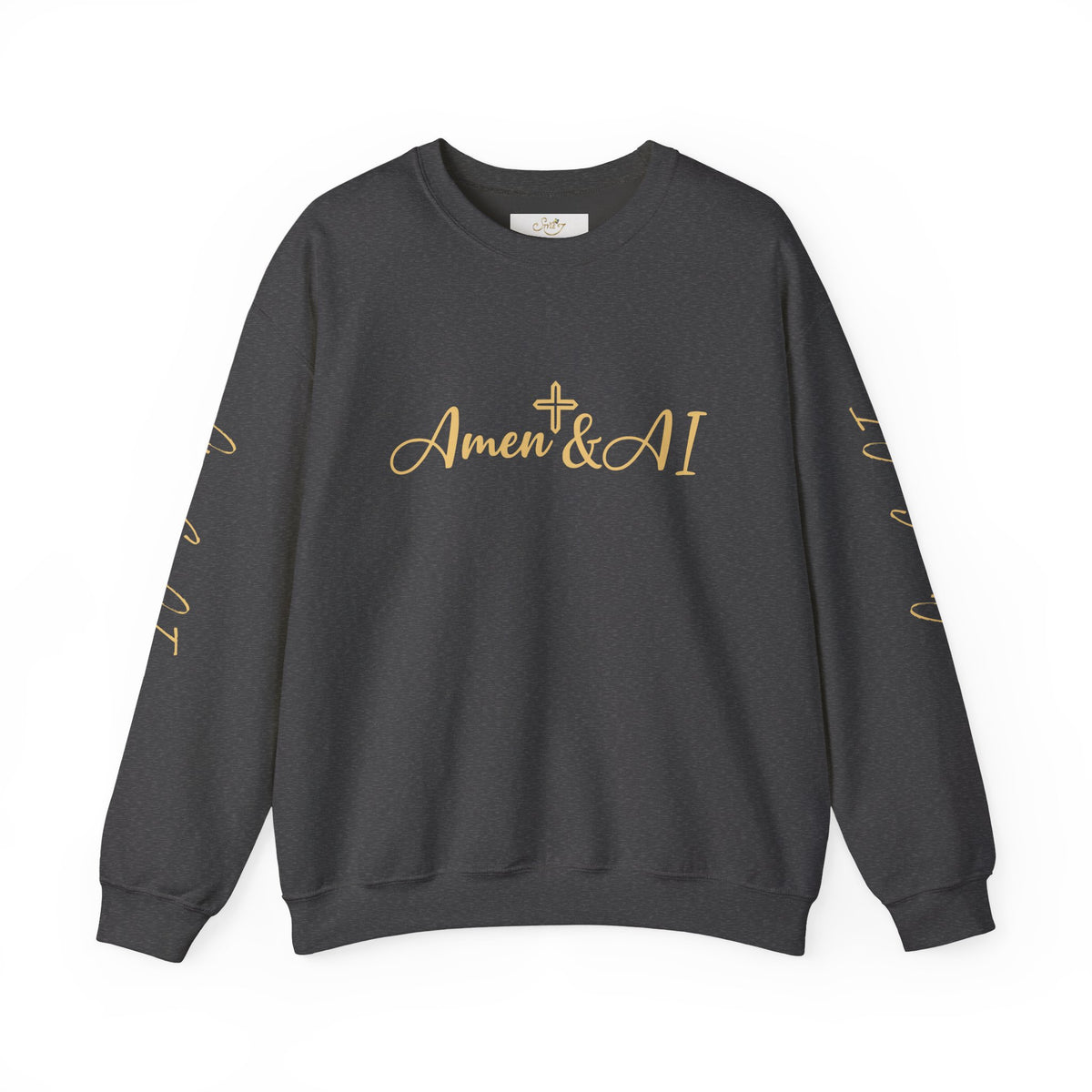 Christian AI Crewneck Sweatshirt - "Amen & AI" Gold Script, "Powered by Prayer, Driven by Data"