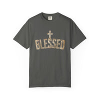 Blessed Cross T-Shirt — Christian Graphic Tee (Vintage Camouflage Lettering)