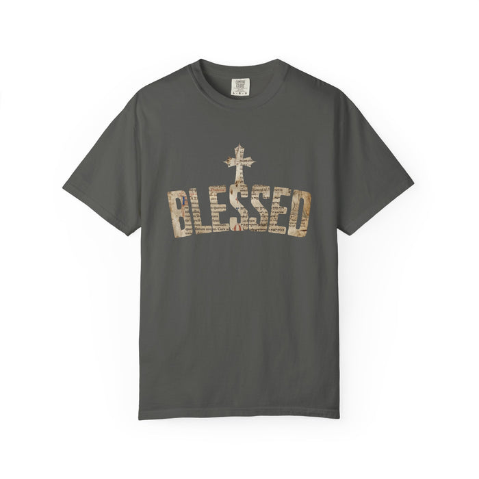 Blessed Cross T-Shirt — Christian Graphic Tee (Vintage Camouflage Lettering)